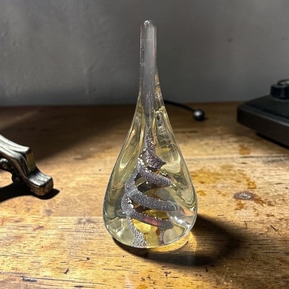 Other - Teardrop Shaped Large Paperweight, Clear Glass Silver Swirls, Vintage Sculpture